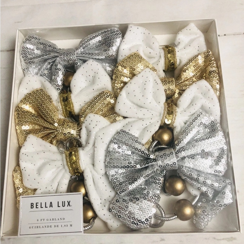 Bella Lux Gold Silver White Sequins Bow Garland Holiday 6' New